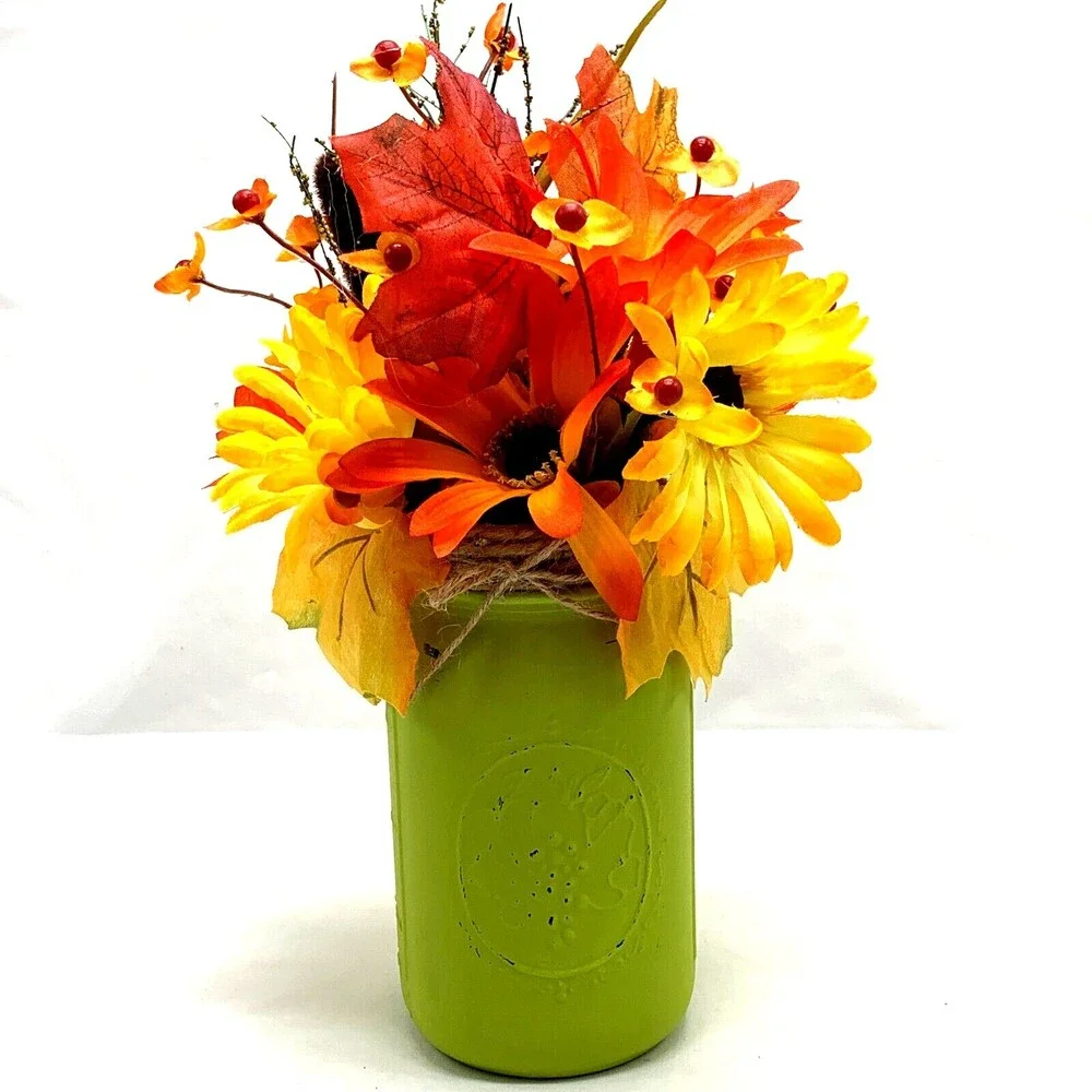Fall Floral Arrangement Artificial Flowers Autumn Sunflowers Green Ball Jar Vase